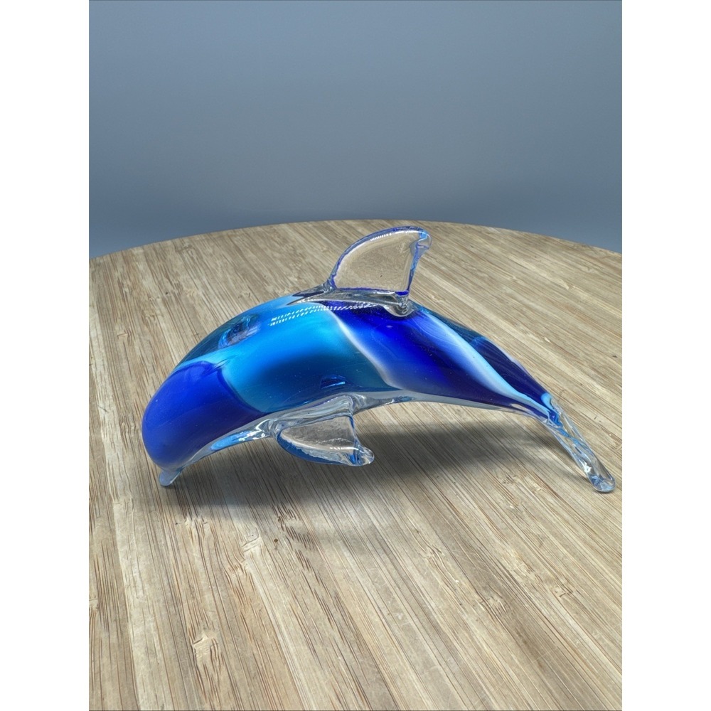 Hand Blown Art Glass Aqua-Blue Swirl Jumping Dolphin Figurine Paperweight 6 inch